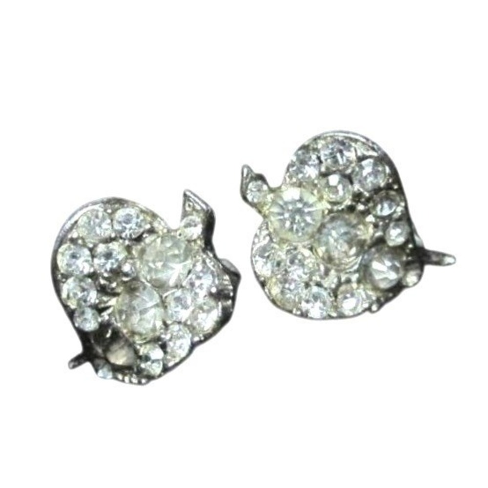 Sparkling Rhinestone Heart Clip On Earrings Silver Tone Dainty Vintage